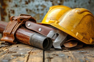 Two wrenches and a hard hat on a wooden table