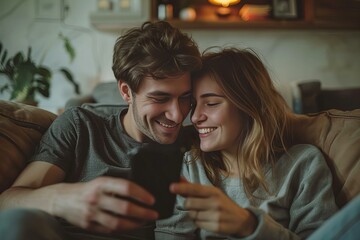 Canvas Print - Couple sitting couch using cellphone