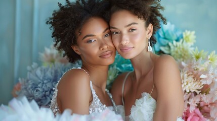 Wall Mural - Multiracial LGBTQ couple in wedding dresses on background with flowers.