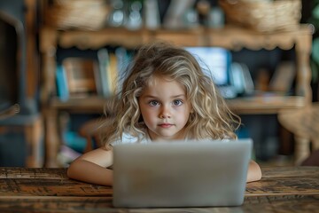 Poster - Young girl sitting table laptop