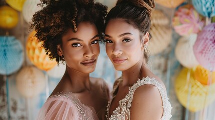 Wall Mural - Beautiful gentle lesbian multiracial couple in wedding dresses on abstract background.