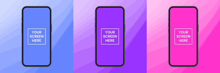 Wall Mural - Mockup of a phone screen. Social media promotion. Blue, purple and pink abstract backgrounds with wavy pattern. Smartphone display. Device front view. 3D mobile phone. Cell phone	