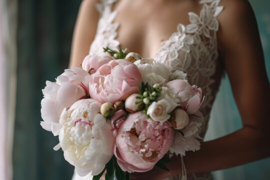 bride in wedding dress holding a bouquet of white pink peonies in her hands
