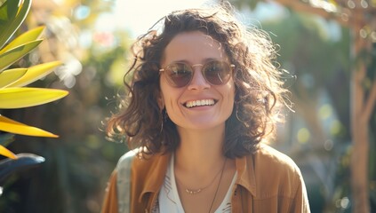 Wall Mural - a woman with sunglasses on smiling for the camera with a tree in the background