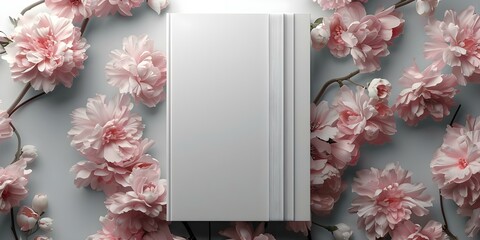 Wall Mural - White Book Cover Mockup with Pink Flowers Background: Hardcover Design with Space for Text. Concept Book Cover Design, White Mockup, Pink Flowers, Text Space, Hardcover Design