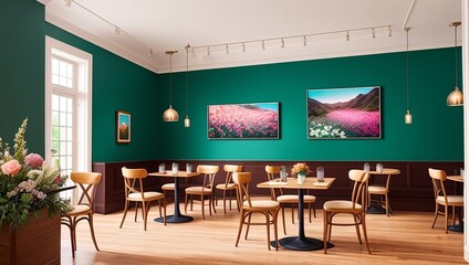 Canvas Print - a restaurant with green walls and wooden tables