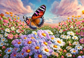 Wall Mural - AI-generated illustration of Vibrant flowers with a fluttering butterfly against a pink sky backdrop