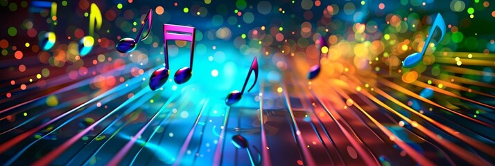a colorful music background with notes and lights on it