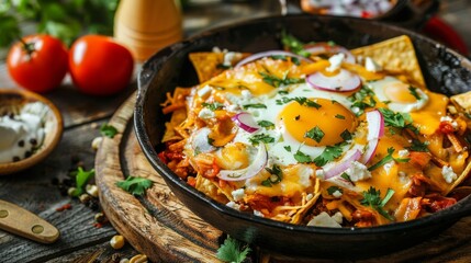 Wall Mural - chilaquiles, Breakfast dish in the Mexican kitchen, food photography, 16:9