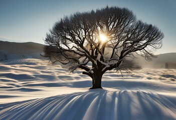 Poster - AI generated illustration of Sun shining in the center of the sky through a snow-covered tree