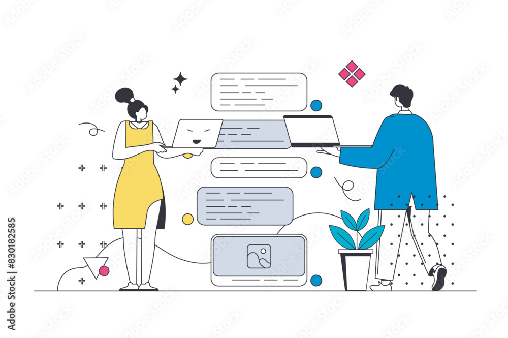 Messaging service outline web concept in modern flat line design. Woman ...