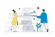 © alexdndz - Messaging service outline web concept in modern flat line design. Woman and communication online, sending messages and bubble text from laptop programs, chatting in dating apps. Vector illustration