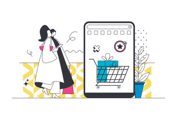 Aufkleber - Online commerce outline web concept in modern flat line design. Woman making internet purchases, ordering products at supermarket with best price offres and paying at mobile app. Vector illustration