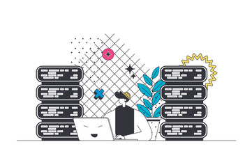 Aufkleber - Data centre outline web concept in modern flat line design. Man working at laptop in server room, doing technical maintenance with infrastructure for processing data operation. Vector illustration