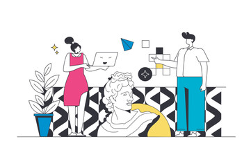 Poster - Designer agency outline web concept in modern flat line design. Creative team brainstorming and generating trendy visualization ideas for projects and creating digital content. Vector illustration