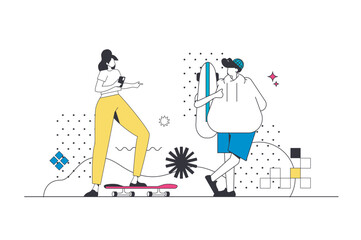 Leinwandbilder - Focus group outline web concept in modern flat line design. Woman making marketing research and interviewing man from target audience and analyzing customer feedback at survey. Vector illustration