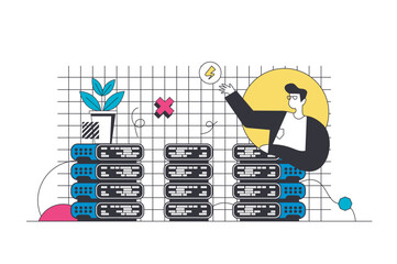 Poster - Hosting provider outline web concept in modern flat line design. Man using cloud computing platform, website hosting service and online data center from hardware and software. Vector illustration