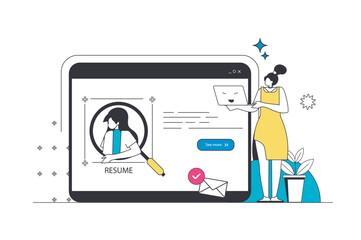 Wall Mural - hr process outline web concept in modern flat line design. woman searching candidates and finding ta