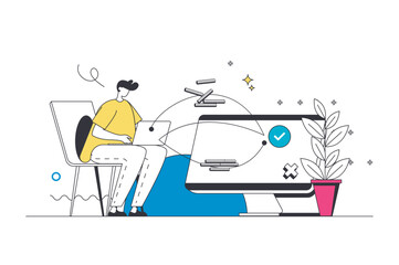 Fototapete - Virtual finance outline web concept in modern flat line design. Man managing financial account, making money transfers or online transaction, exchanging currency, paying invoices. Vector illustration