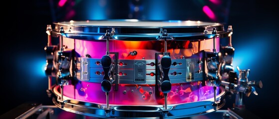 A snare drum illuminated by colorful stage lights, soft and dark background, high detail, concert atmosphere, dramatic lighting 8K , high-resolution, ultra HD,up32K HD