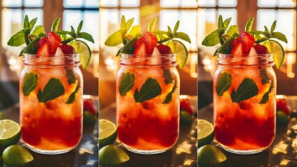 Strawberry lime mojito with fresh mint and ice in glass jar summer refreshing drink