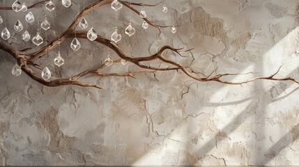 Wall Mural - Old wooden branches on the background of a plastered wall, crystal.