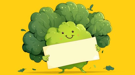 Wall Mural - A cheerful broccoli cartoon character proudly displaying a blank sign