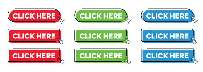 Click Here Button with Click cursor. Modern Simple web action button with click cursor or arrow pointer vector illustration set