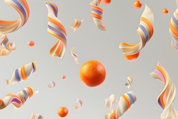 Poster - A seamless pattern of colorful candy swirls and orange balls flying around on a grey background, 3D render, minimalistic in the style of minimalistic
