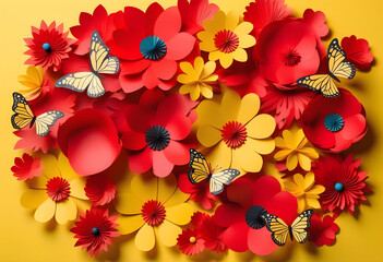 Wall Mural - A pile of red paper flowers and colorful butterflies on a yellow background