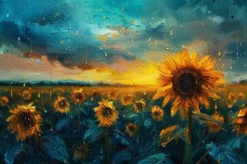 Wall Mural - A painting of a field of sunflowers with a cloudy sky in the background