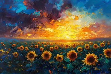 Wall Mural - A painting of a field of sunflowers with a cloudy sky in the background