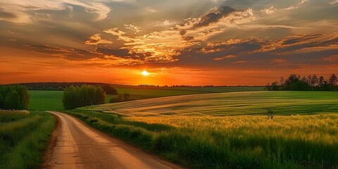 Wall Mural - Tranquil Summer Countryside Scene: Green Field, Empty Road, and Sunset Cloudy Sky. Concept Summer Countryside, Green Fields, Empty Road, Sunset Sky, Tranquil Scene