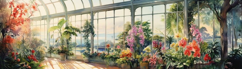 Wall Mural - Lush greenhouse with tropical plants, watercolor painting, vivid colors, soft lighting 8K , high-resolution, ultra HD,up32K HD