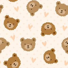 Wall Mural - brown teddy bear cute hand drawn face with hearts and polka dot texture, pastel beige seamless pattern background