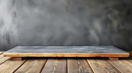 Wall Mural -  A wooden table with a slate top stands before a gray wall The table rests on a wooden floor, and a black shadow graces the wall behind it In the foreground,