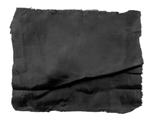 A piece of torn black satin fabric on a white background. Isolate a crumpled piece of fabric