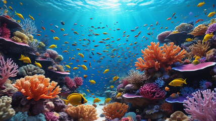 Wall Mural - A vibrant coral reef teeming with colorful fish and marine life under crystal clear water. Generative AI.