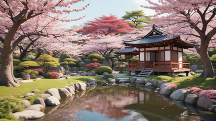 Wall Mural - A serene Japanese garden with cherry blossom trees in full bloom and a traditional tea house. Generative AI.