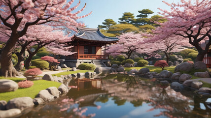 Wall Mural - A serene Japanese garden with cherry blossom trees in full bloom and a traditional tea house. Generative AI.