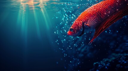 Wall Mural -  A red fish, tightly framed, swims in clear water with bubble-specked surface Bright light illuminates the depths below