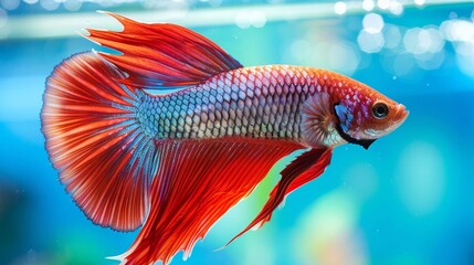 Wall Mural -  A tight shot of a red-blue fish in an aquarium, surrounded by blue water in the background, and bubbles rising near its base