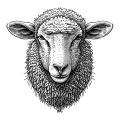 Wall Mural - Close-up portrait of a sheep. A pet looks into the camera. Imitation sketch print in black and white coloring. Illustration for cover, postcard, greeting card, interior design, decor or print.