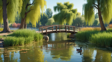 Wall Mural - A tranquil riverside scene with a wooden bridge, willow trees, and ducks swimming in the water. Generative AI.