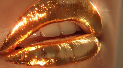 Wall Mural -  A tight shot of a woman's gleaming gold lips Gold glitter adorns both the upper and lower lip areas