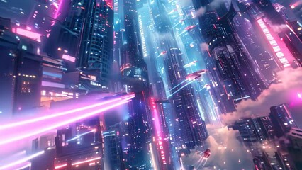 Poster - A bustling futuristic city illuminated by neon lights with a spaceship flying overhead, A futuristic cityscape with towering skyscrapers and neon lights