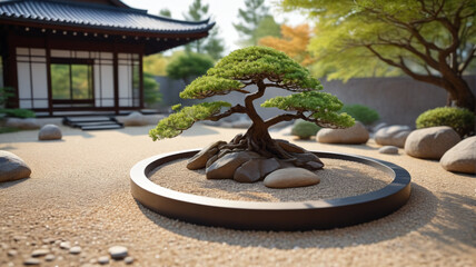 Wall Mural - A tranquil Zen garden with raked gravel, bonsai trees, and a peaceful meditation pavilion. Generative AI.