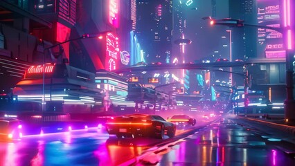 Poster - a modern city lit up with neon lights and glowing signs against a dark sky, a futuristic city skylin