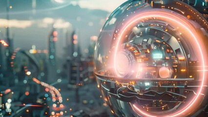 Poster - A futuristic cityscape illuminated by glowing lights against a dark sky, A futuristic contraption with glowing lights and holographic displays