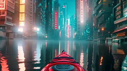 Sticker - A red kayak smoothly navigating through the citys waterways under the night sky, A futuristic interpretation of a kayak floating through a neon-lit cityscape